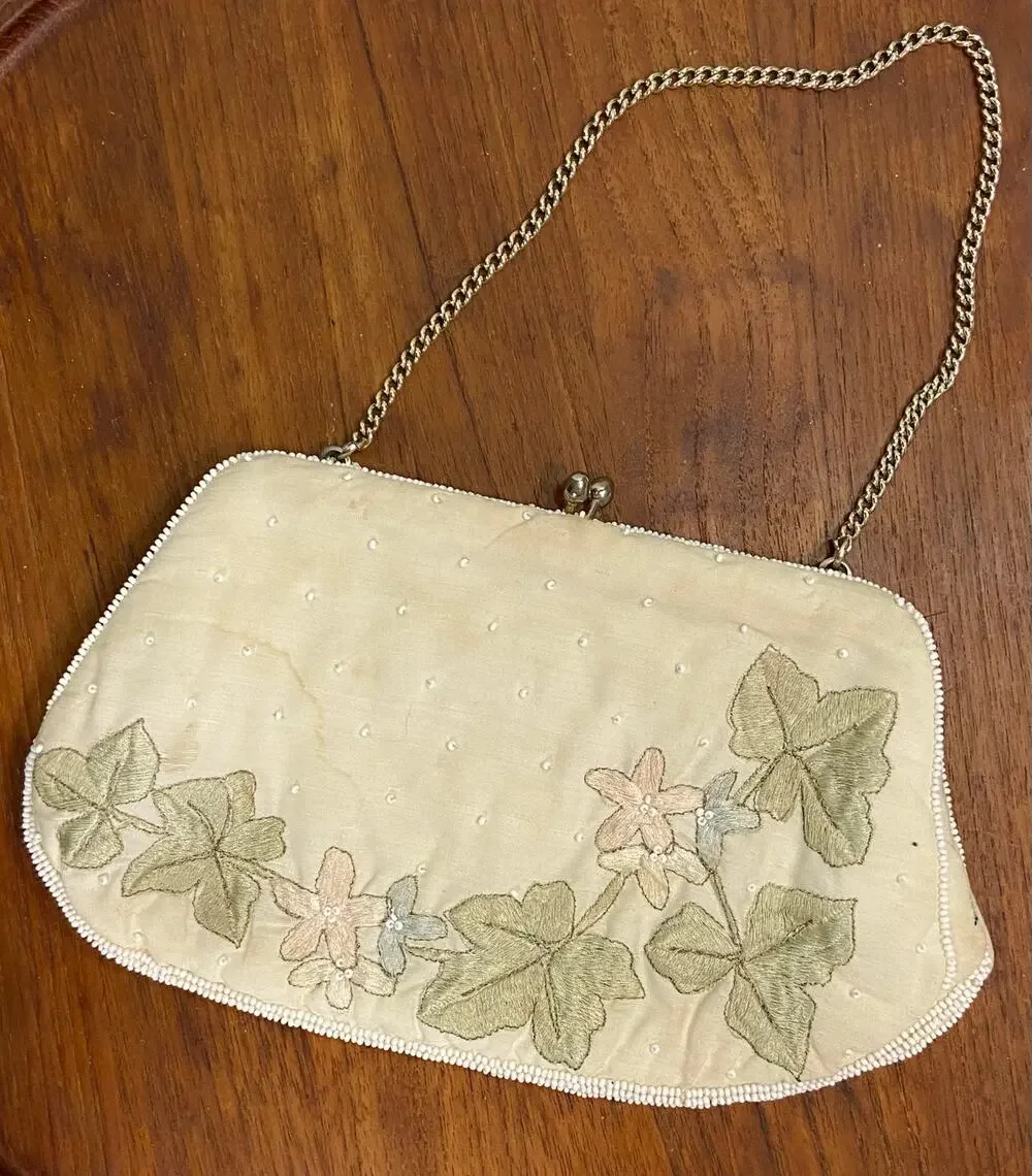 Vintage Embroidered Clutch Purse Seed Beads Made in Japan READ